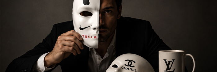 Мужчина в костюме держит маску с логотипами Apple и Nike, рядом — надпись Tesla и предметы с логотипами Chanel и Louis Vuitton