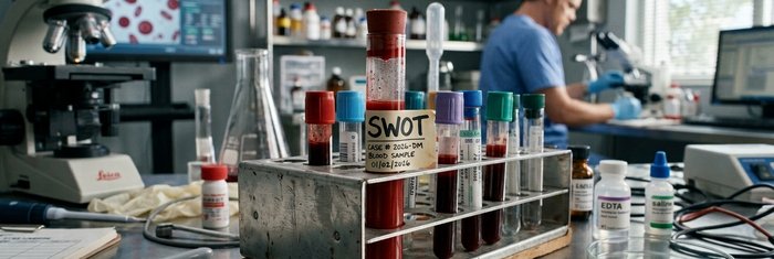 Лабораторные пробирки с кровью и биркой SWOT — метафора диагностики бизнеса