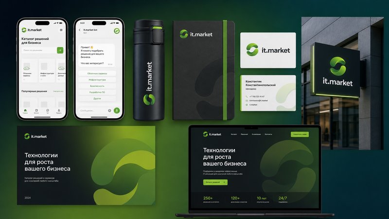 Тёмная версия айдентики IT.MARKET на носителях