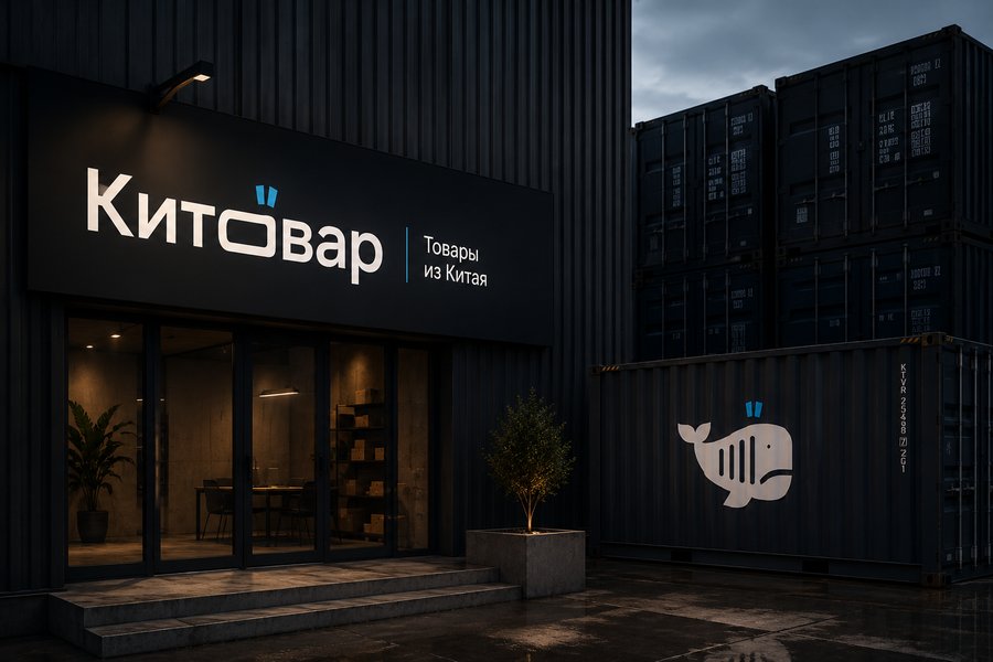 Офис и фасад распределительного центра Китовар в тёмное время суток